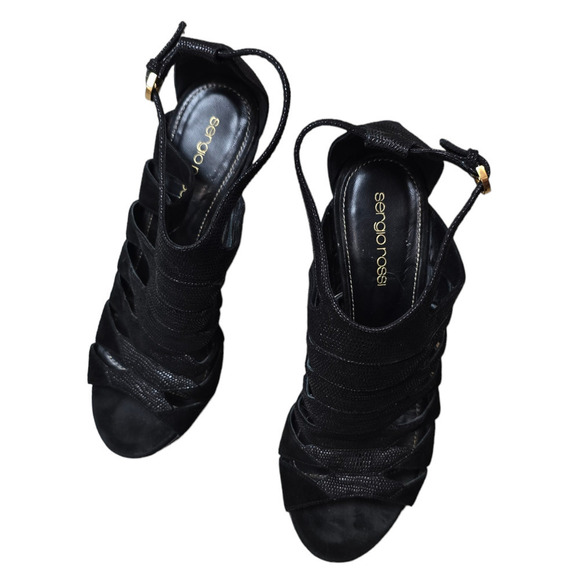 Sergio Rossi Caged Open Toe Sandal Bootie Heels Black Leather Designer 37 - Picture 2 of 9